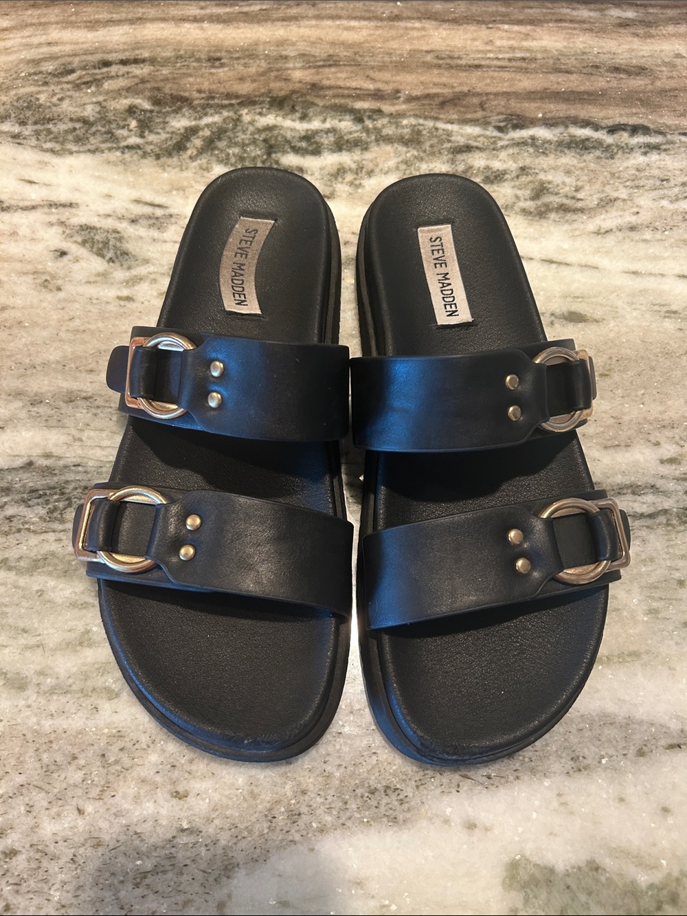 Steve Madden Black Double-Buckle Slide Sandals